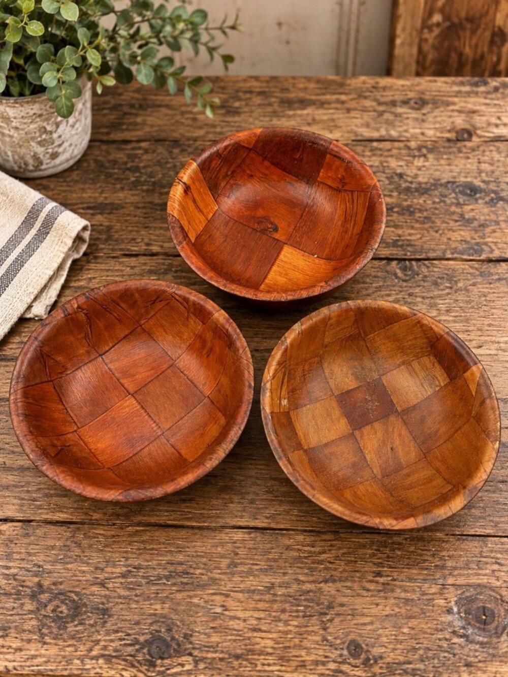 Vintage Wood Salad Bowls Handmade Round Checkerboard Pattern Mid Century